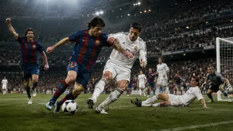 Barcelona and Real Madrid players competing in a packed El Clásico match