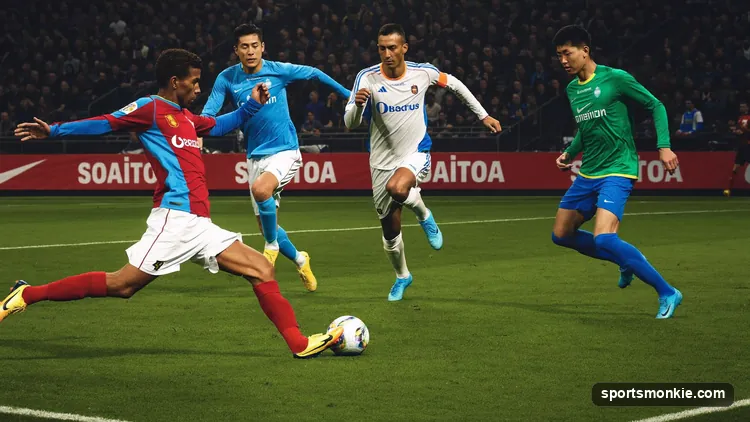 Soccer players in tight triangles exchanging short passes in a possession-based tiki-taka system