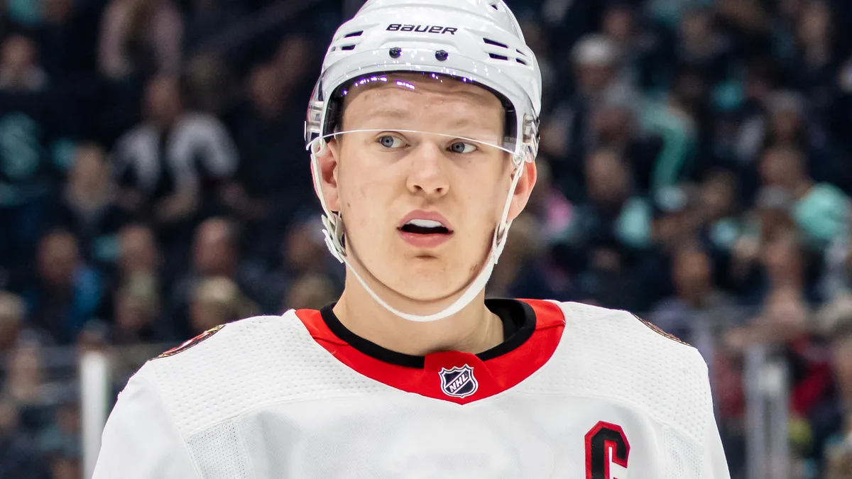 File photo from March 9, 2023: Brady Tkachuk playing for the Ottawa Senators at Seattle, during his time as Ottawa's captain. It does not show Wednesday's game, his first in Ottawa as a Florida Panther. The cropped 16:9 derivative is offered under the same CC BY-SA 2.0 licence as the original.
