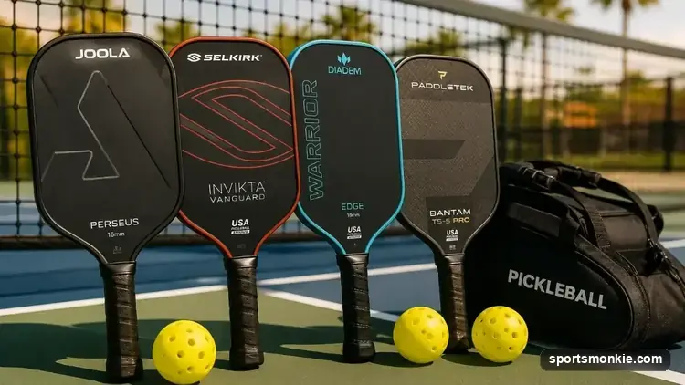 A raw carbon fiber pickleball paddle with a textured face resting on a court beside a yellow ball
