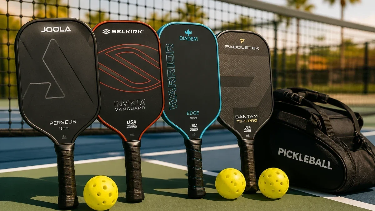A raw carbon fiber pickleball paddle with a textured face resting on a court beside a yellow ball