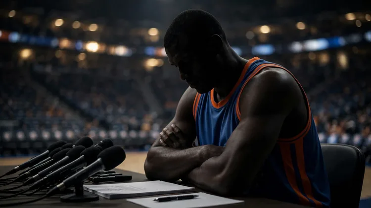 A tall anonymous basketball center in a blue and orange uniform sitting with arms folded at a press conference table, microphones in front of him and an unsigned document and pen untouched on the table, face in shadow, editorial graphic