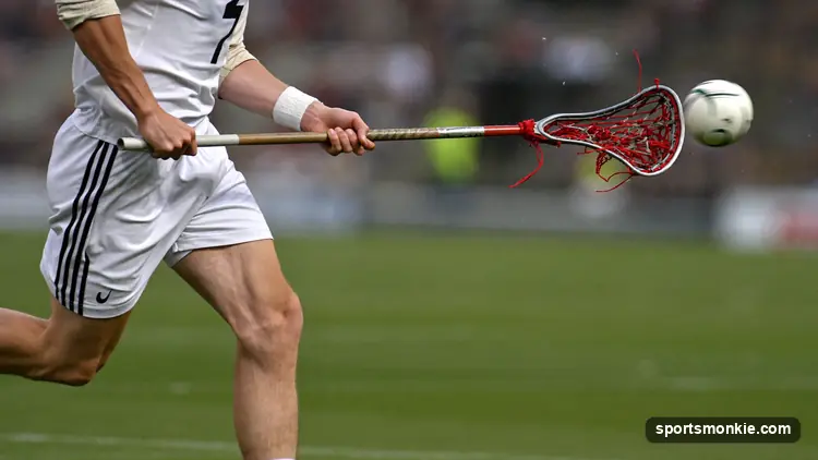 Close-up of a player cradling a ball in a traditional leather-strung lacrosse pocket on the field