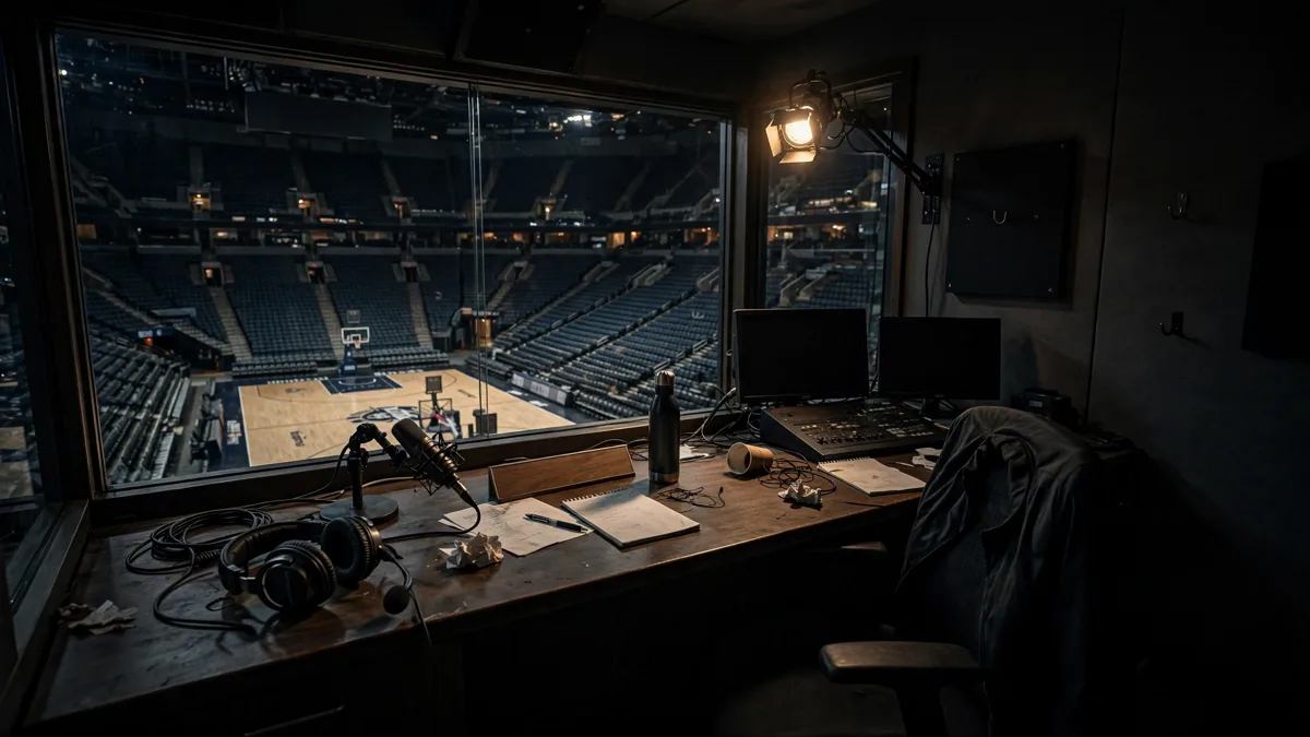 An empty basketball broadcast booth above an arena court with a headset resting beside a microphone and a face-down nameplate, editorial graphic
