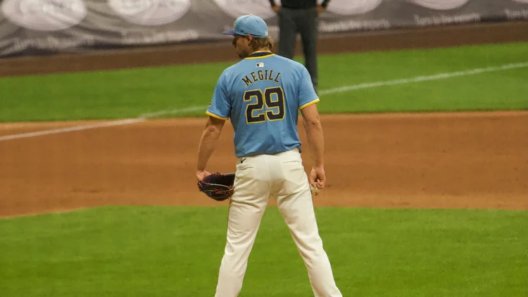 File photo from 7 June 2025: Trevor Megill pitching for the Brewers against the Padres. It was not taken at Tropicana Field and does not show the Sunday workout.