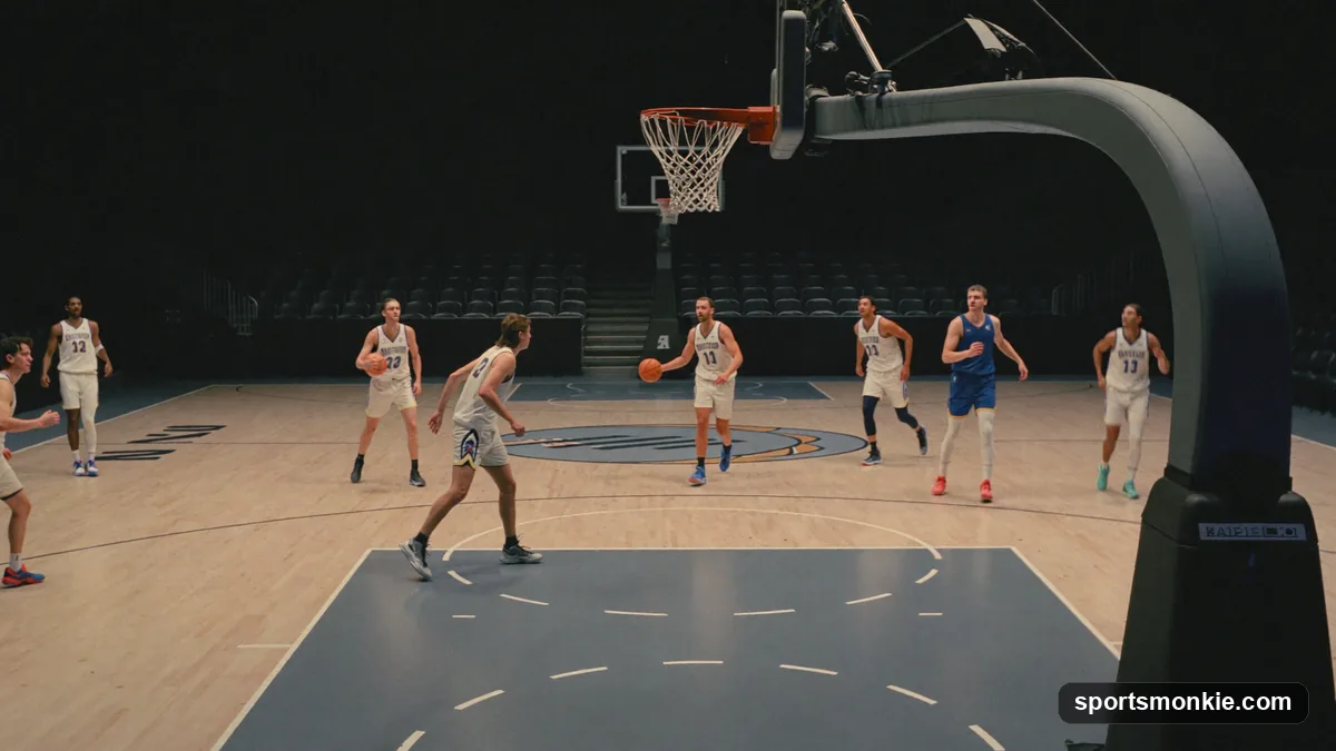 Diagram-style view of basketball players spaced in a triangle offense formation on one side of the court