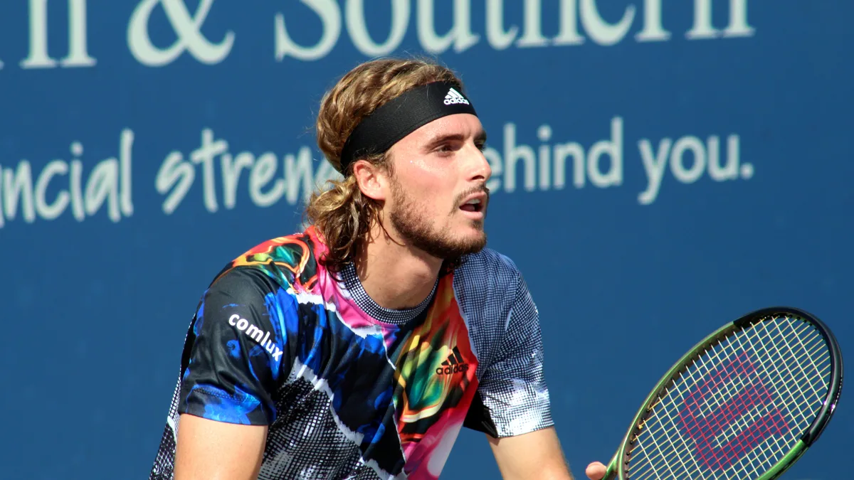 File photo from 17 August 2022: Stefanos Tsitsipas playing at the Western and Southern Open in Cincinnati. It is a file photo and does not show the Almaty Open or the interview. A different crop of the same file fronts this site's Shanghai pocket-ball article.