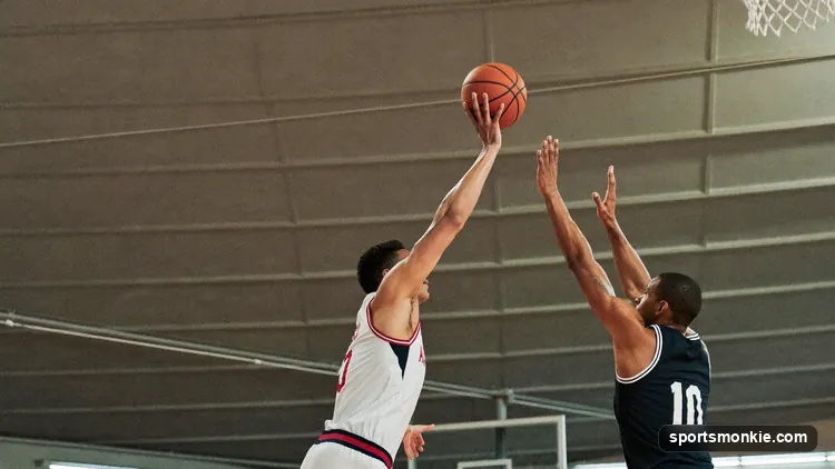 Basketball player shooting a jump shot on an indoor court