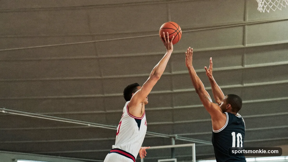 Basketball player shooting a jump shot on an indoor court