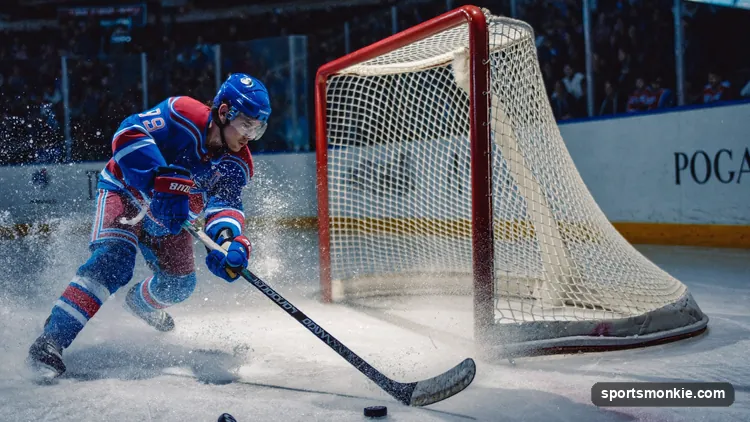 Hockey player winding up for a slap shot on the ice