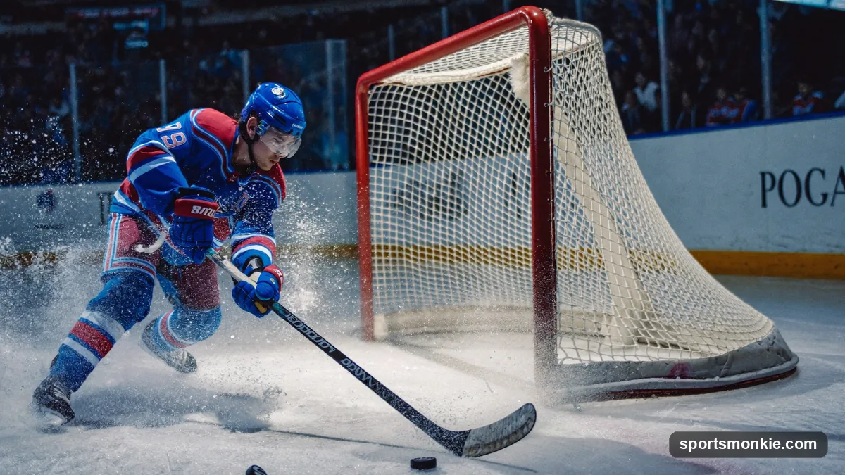 Hockey player winding up for a slap shot on the ice