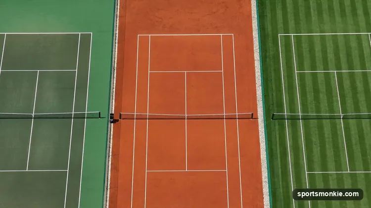 Split image showing the four tennis court surfaces side by side: blue hard court, red clay court, green grass court, and blue carpet court