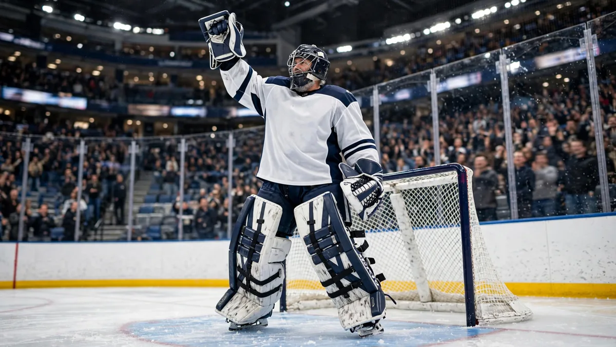 A generic veteran hockey goaltender in a plain white and navy uniform with large leg pads raising his glove in the crease as a crowd stands behind the glass, editorial graphic