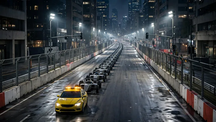 Generic unbranded open-wheel race cars running in single file behind a safety car on a narrow floodlit night street circuit between city barriers, editorial graphic