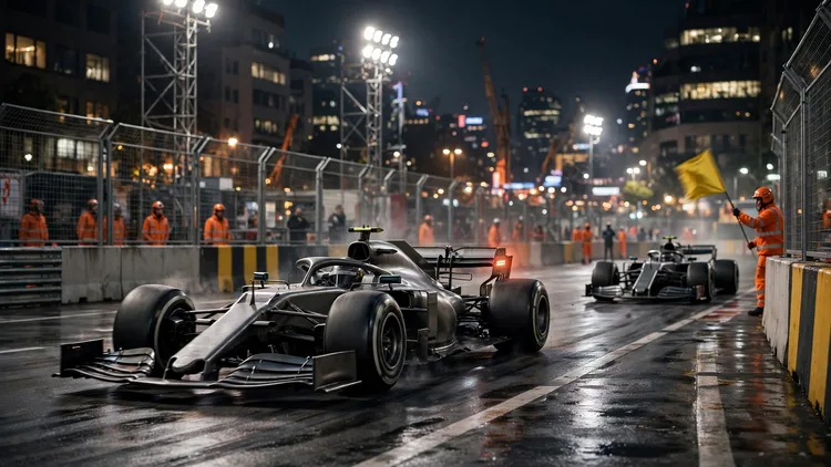 A generic Formula 1 car at night on a floodlit street circuit passing a slower car beside a marshal waving a single yellow flag, editorial graphic