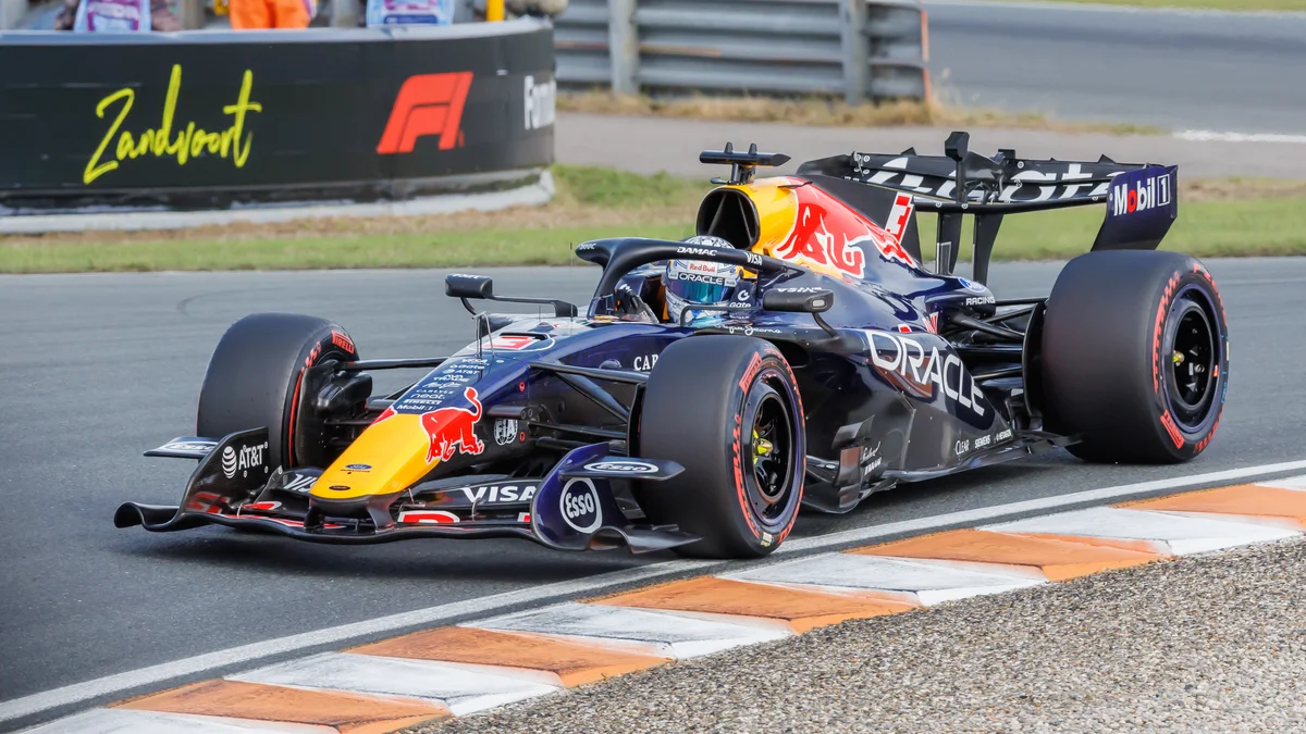File photo from 21 August 2026: Max Verstappen's Red Bull at Zandvoort. It was not taken in Mexico and does not show the collision with Lawson.