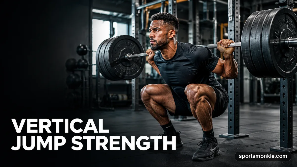 An athlete performing a heavy barbell back squat in a gym as part of a vertical jump strength program