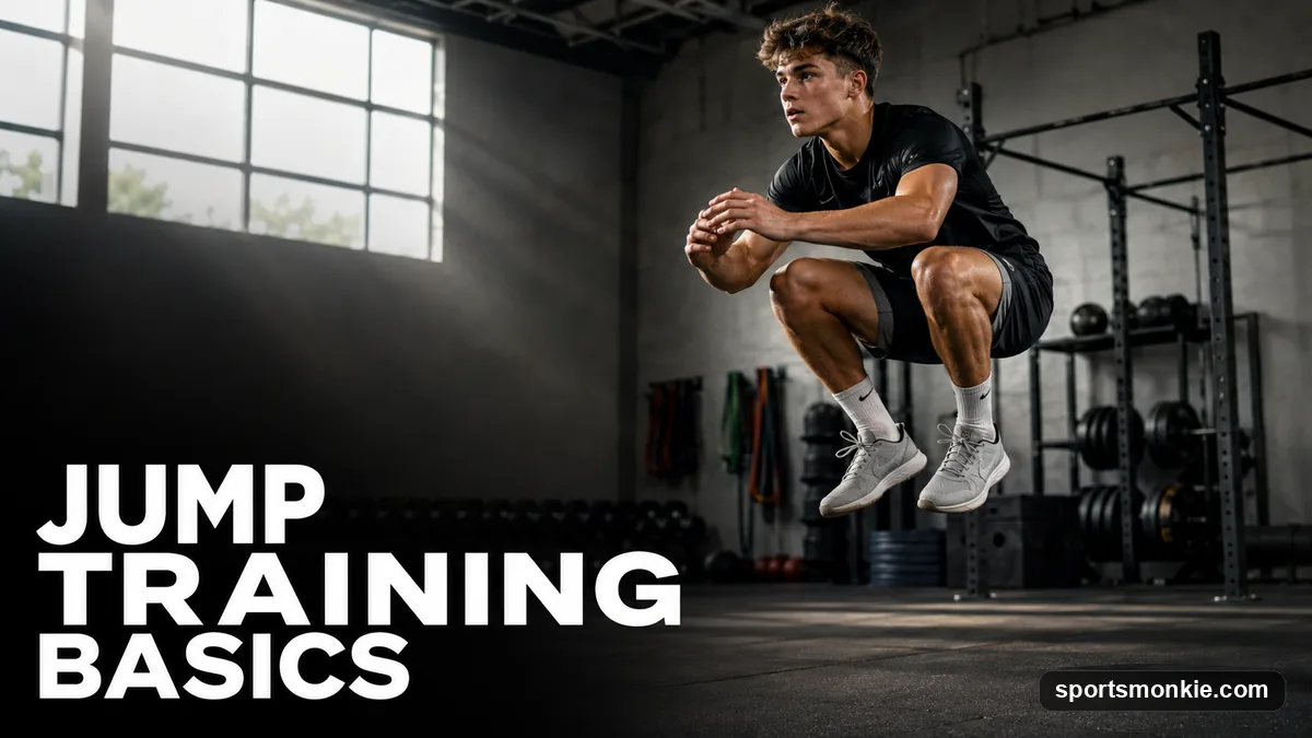 A beginner athlete performing a controlled box jump during a vertical jump training session