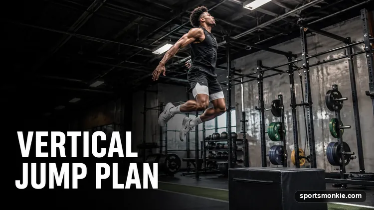 An athlete mid-jump reaching for a basketball rim during a vertical jump training session