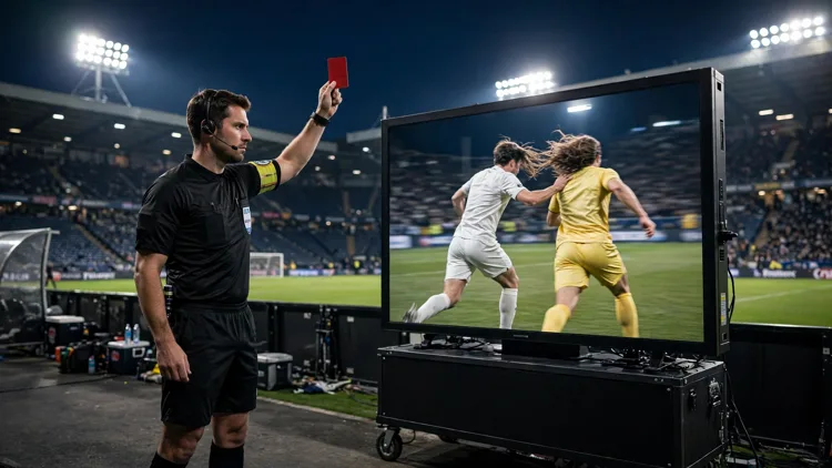 A referee holding up a red card beside a glowing VAR review screen showing a generic player with his hand in another player's hair as they sprint, two generic footballers in plain unbranded kits under floodlights, editorial graphic