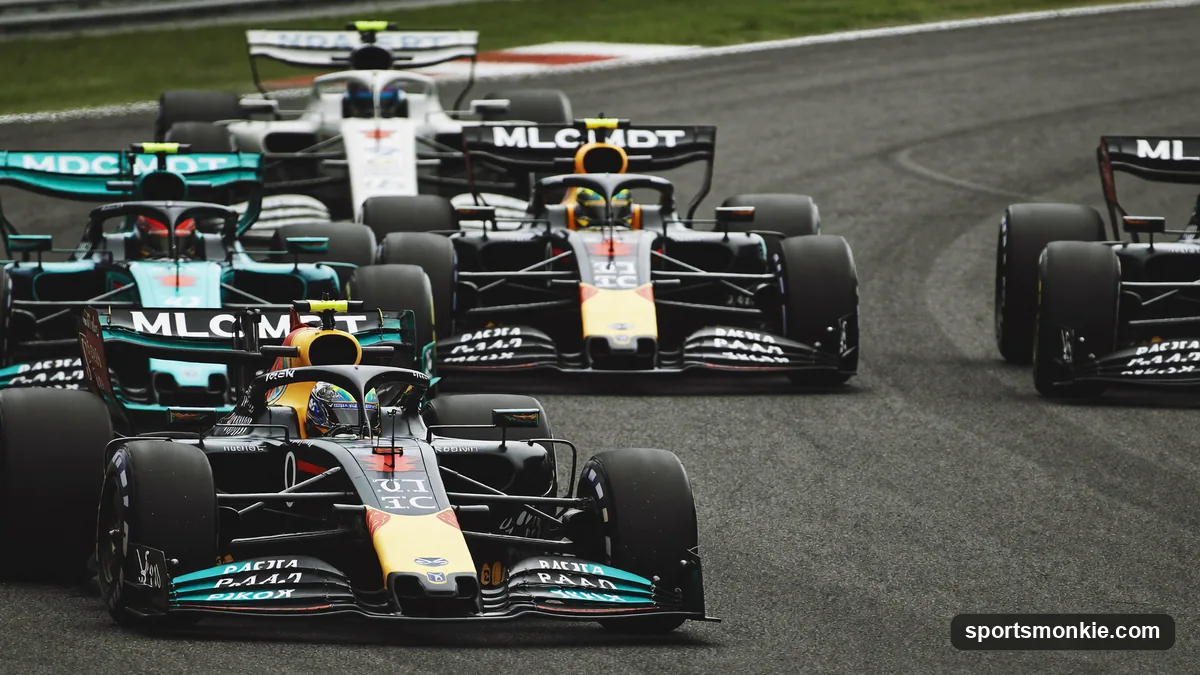 Split image of an F1 dashboard showing a VSC delta beside the physical safety car leading the field