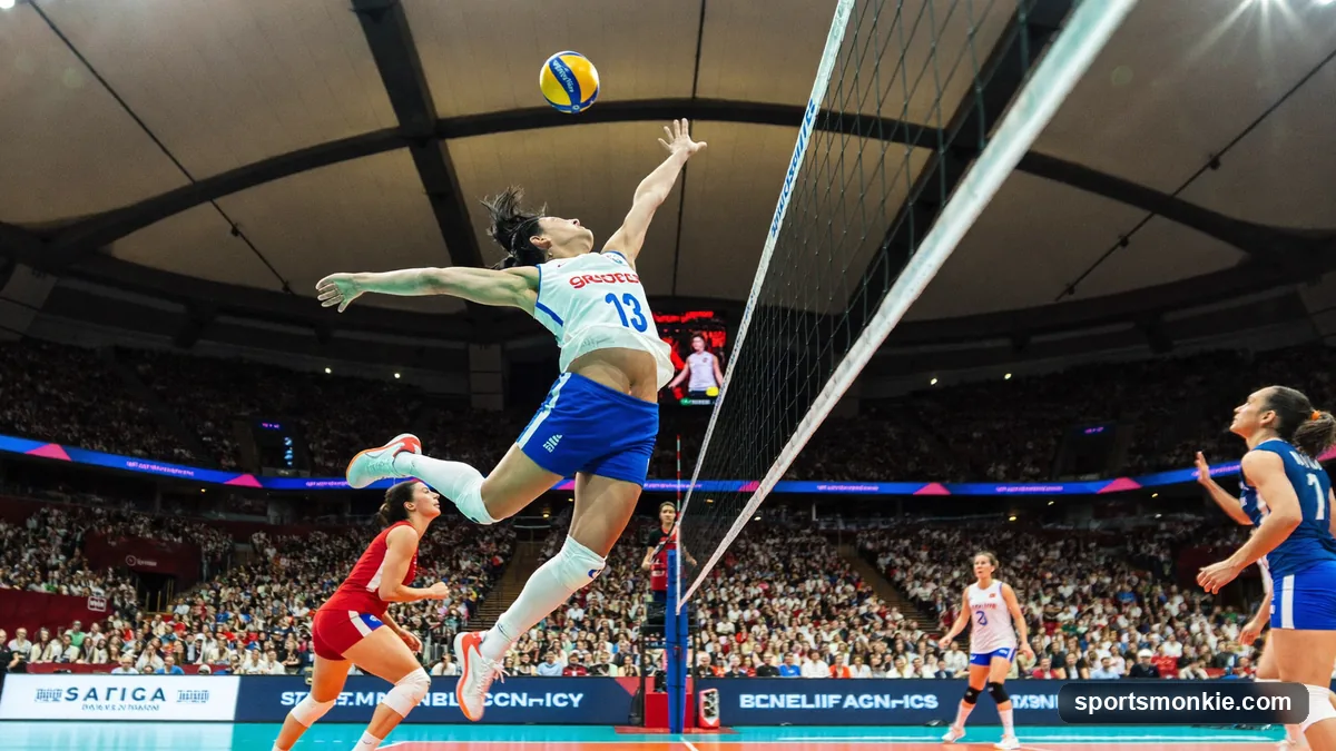 A star volleyball player spiking the ball during an international Nations League match
