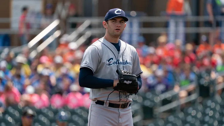 File photo from June 2023 of Gavin Williams pitching for the Columbus Clippers, Cleveland's Triple-A team. It does not show the 2026 ALCS. The 16:9 cropped derivative is offered under the same CC BY 2.0 licence.
