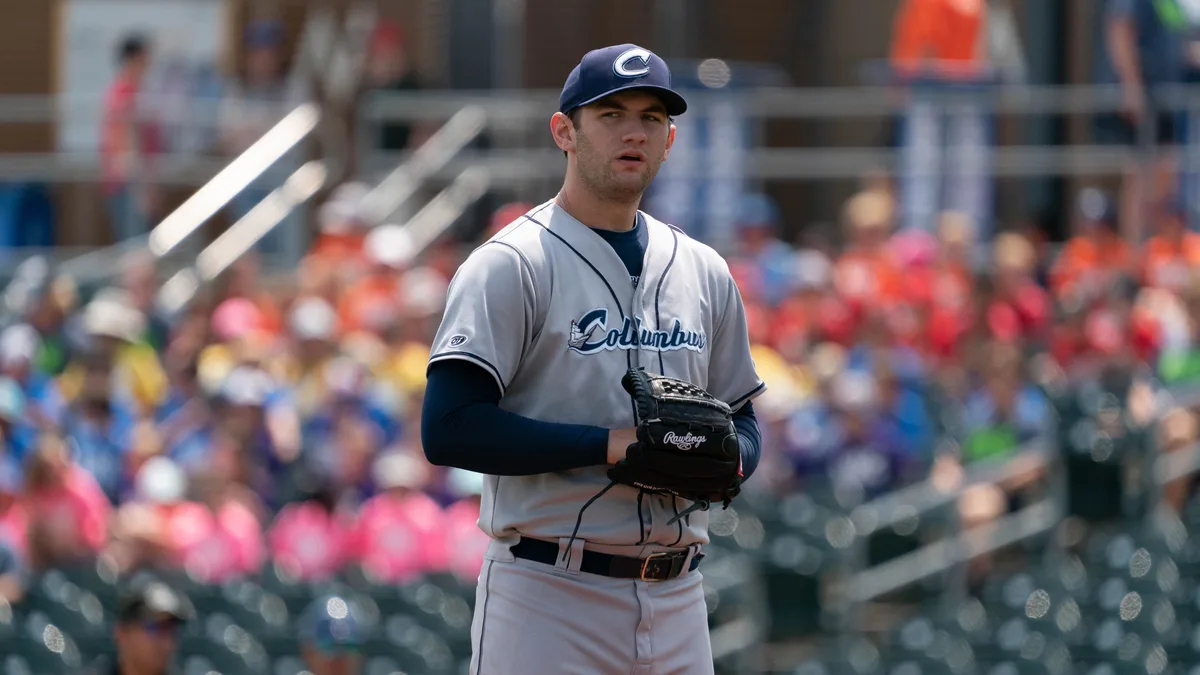 File photo from June 2023 of Gavin Williams pitching for the Columbus Clippers, Cleveland's Triple-A team. It does not show the 2026 ALCS. The 16:9 cropped derivative is offered under the same CC BY 2.0 licence.