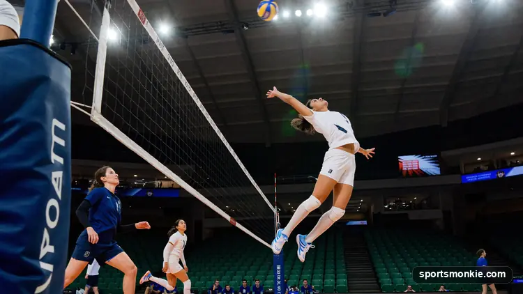 Indoor volleyball court showing setter, hitters, middle blocker and libero in position