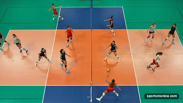 Volleyball court diagram showing the six numbered zones, 1 through 6, used for rotation and serve order