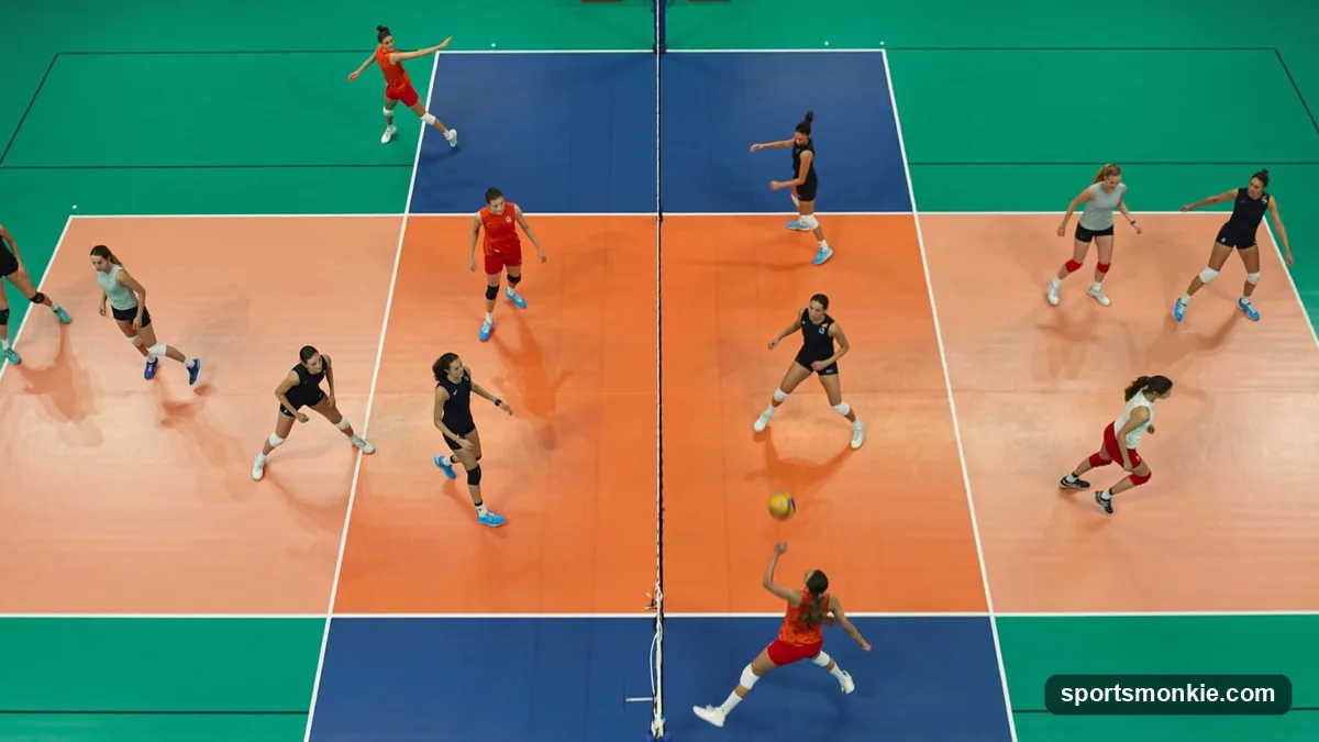 Volleyball court diagram showing the six numbered zones, 1 through 6, used for rotation and serve order