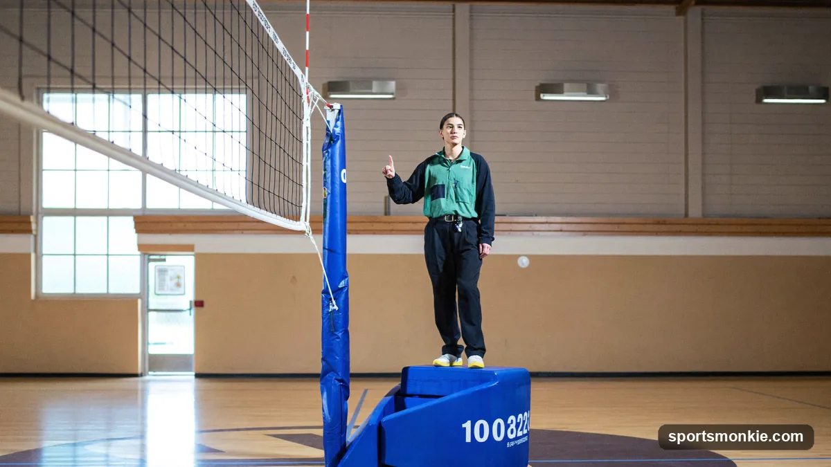 Volleyball referee demonstrating official hand signals from the officiating stand during a match