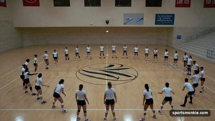Six indoor volleyball players in their rotational positions on the court before a serve