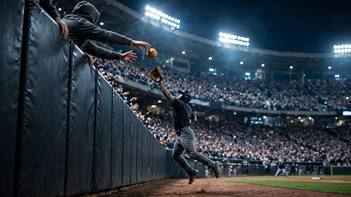 A fly ball at a floodlit left-field wall at night as a generic fan's outstretched hands reach over the wall and touch the ball above a leaping outfielder's glove, editorial graphic