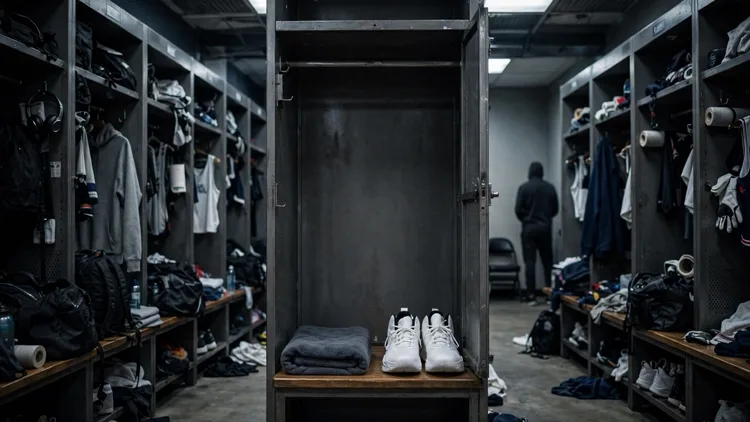 An empty tall locker stall in a professional basketball locker room with a folded towel and a pair of untouched oversized shoes, the neighbouring stalls full of gear, editorial graphic
