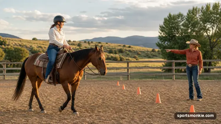 Split image showing a Western saddle with horn and a rider holding one rein next to an English saddle with a rider in forward hunt-seat position