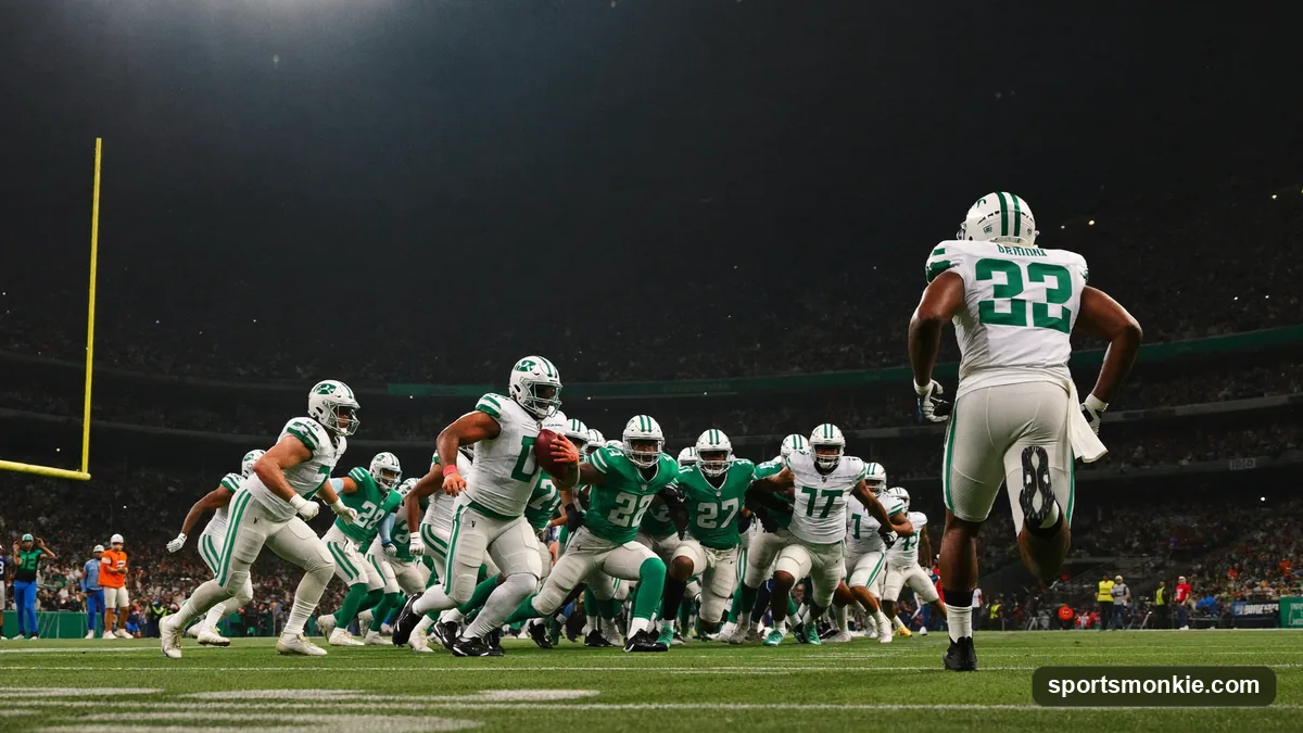 NFL linebackers and defensive backs rushing the quarterback on a blitz as blockers engage