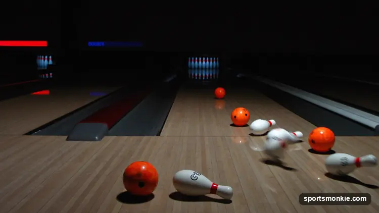 A bowling ball crossing over the head pin to the opposite pocket for a Brooklyn strike