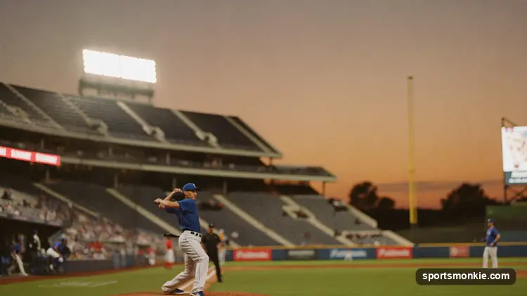 Relief pitcher warming up in a baseball bullpen with the field beyond