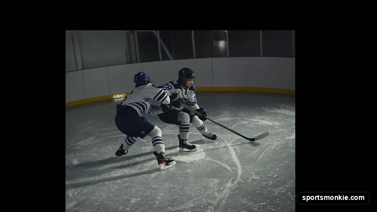 A hockey forward pulling the puck across his body with a toe drag deke to slip past a defender