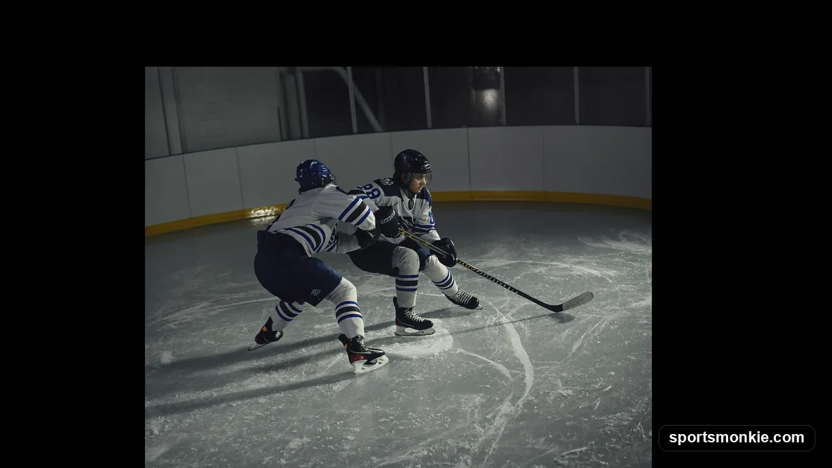 A hockey forward pulling the puck across his body with a toe drag deke to slip past a defender