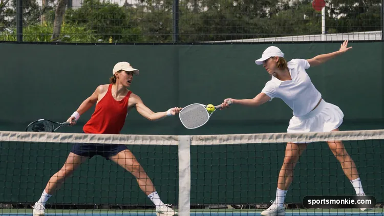 A pickleball player hitting a soft dink shot at the kitchen line