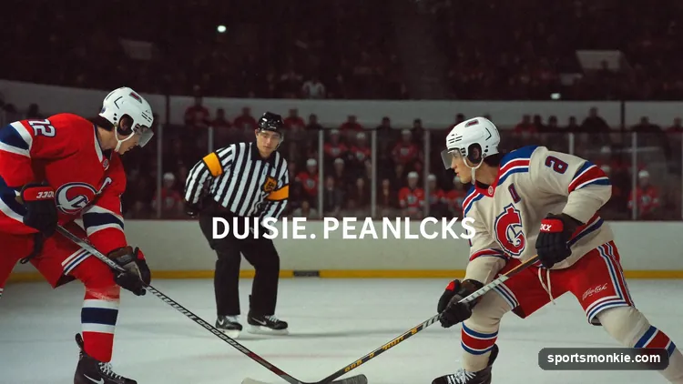 Two hockey centers battling for the puck as an official drops it at a faceoff dot