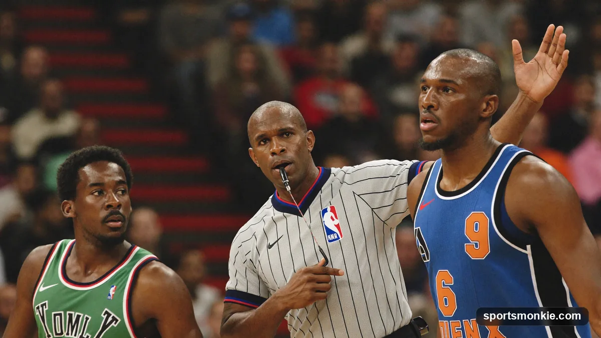 NBA referee signaling a flagrant foul after hard contact between two players