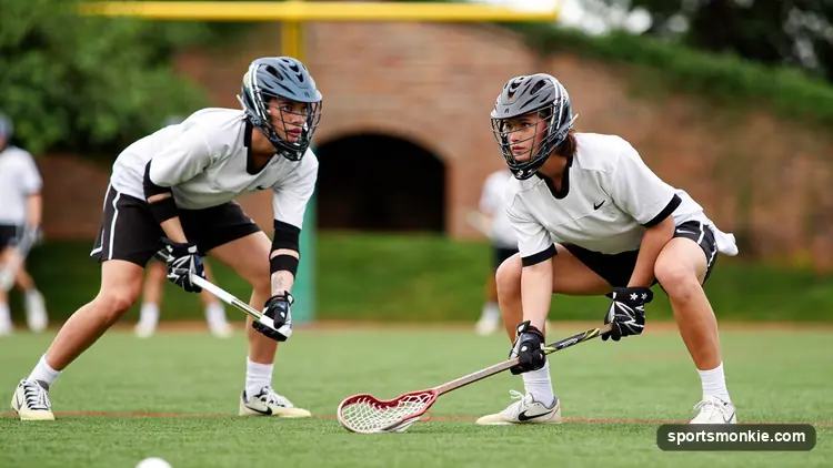 Two lacrosse faceoff specialists crouched over the ball at midfield waiting for the whistle