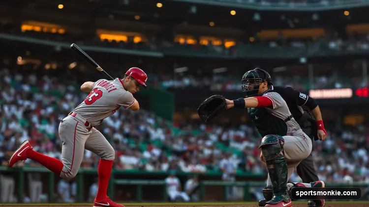 A baseball batter waiting on a pitch with a 3-2 full count showing on the scoreboard