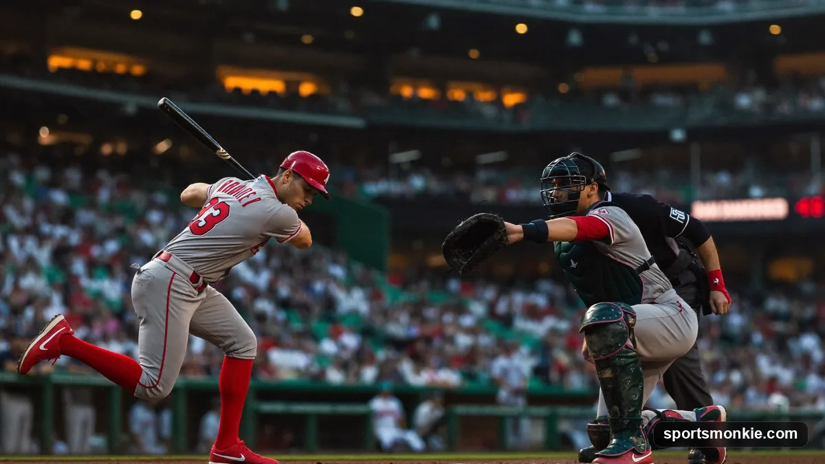 A baseball batter waiting on a pitch with a 3-2 full count showing on the scoreboard