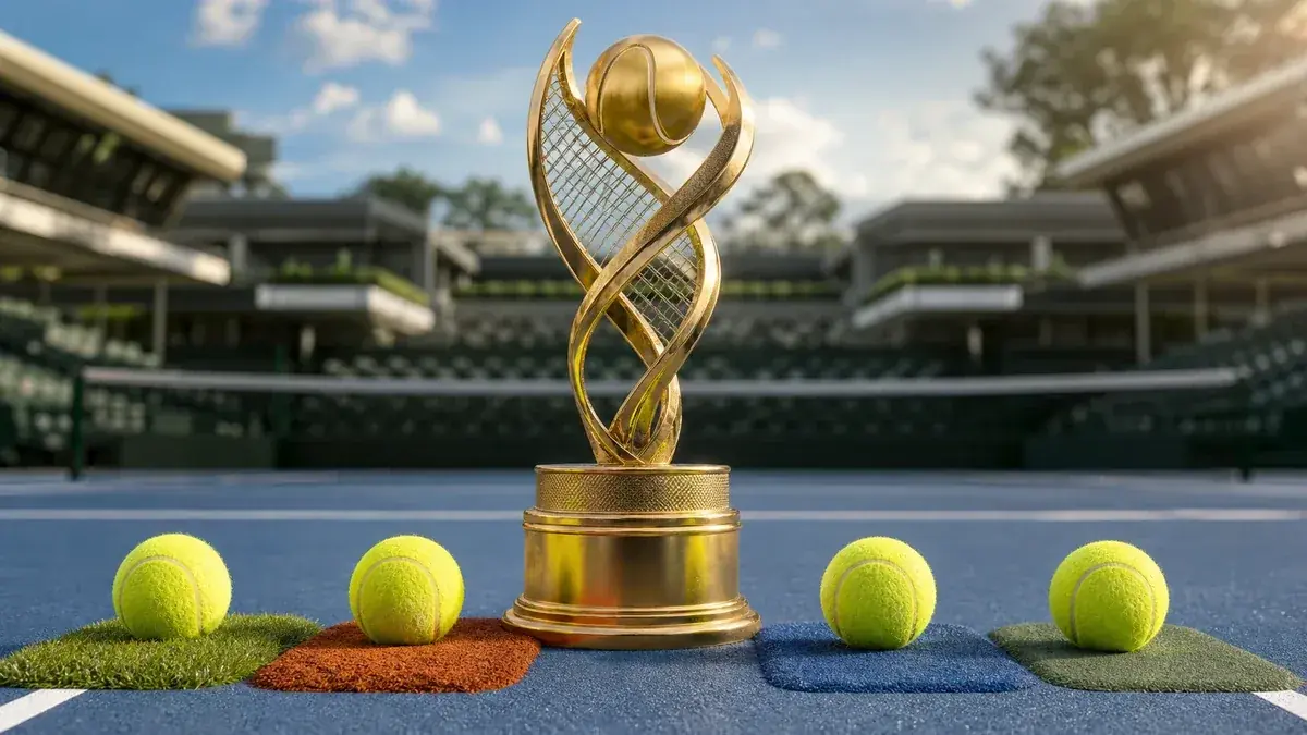 A tennis trophy on a grass court, representing the four Grand Slam tournaments