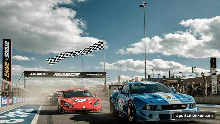 A NASCAR field sprinting to the checkered flag on a green-white-checkered restart