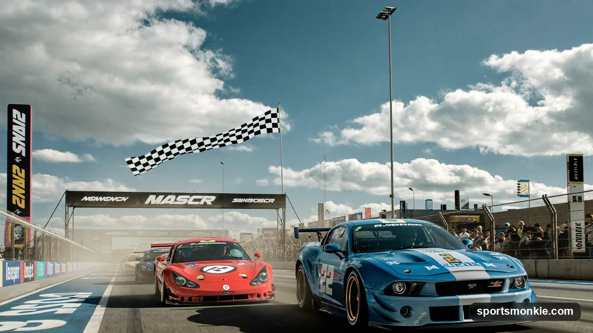 A NASCAR field sprinting to the checkered flag on a green-white-checkered restart